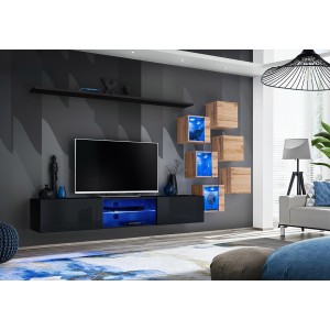 Ensemble meubles de salon SWITCH XXI design, coloris noir et chêne.