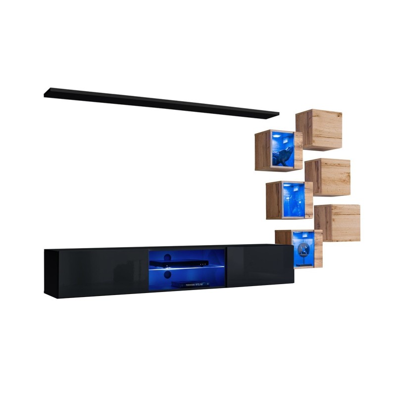 Ensemble meubles de salon SWITCH XXI design, coloris noir et chêne.