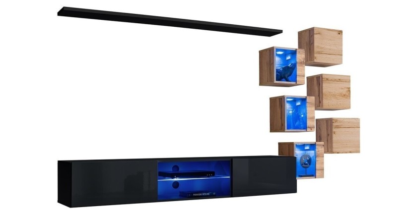 Ensemble meubles de salon SWITCH XXI design, coloris noir et chêne.