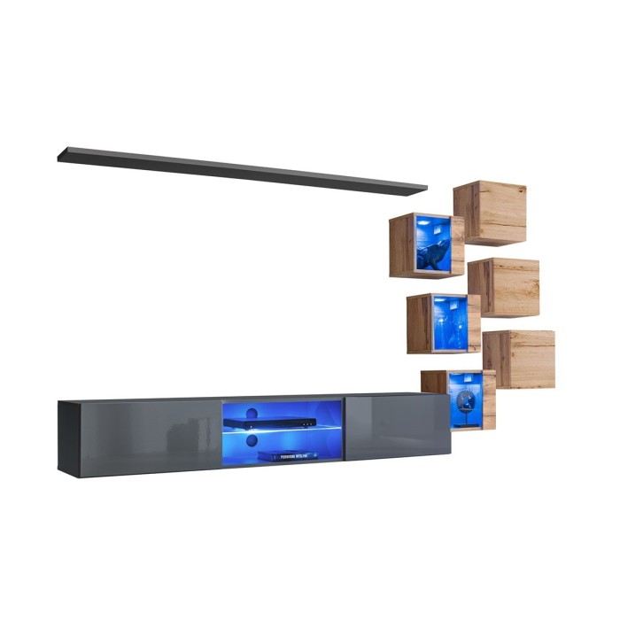 Ensemble meubles de salon SWITCH XXI design, coloris gris et chêne.