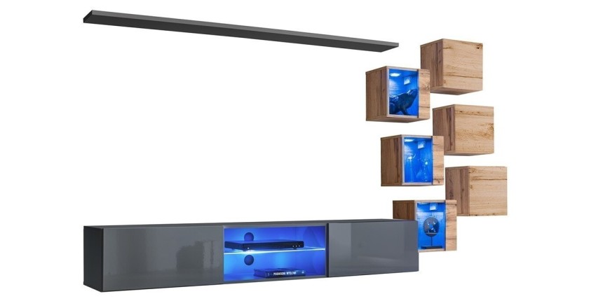 Ensemble meubles de salon SWITCH XXI design, coloris gris et chêne.