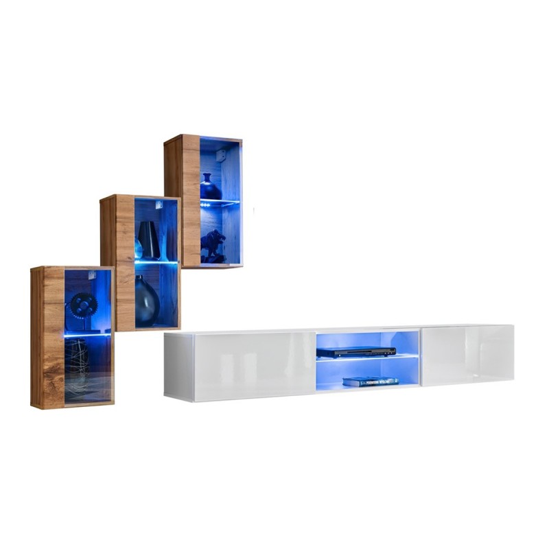 Ensemble meubles de salon SWITCH XXII design, coloris chêne et blanc.