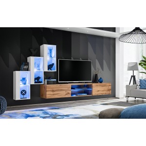 Ensemble meubles de salon SWITCH XXII design, coloris blanc et chêne.