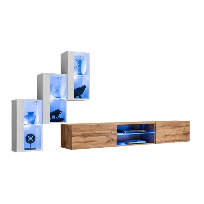 Ensemble meubles de salon SWITCH XXII design, coloris blanc et chêne.