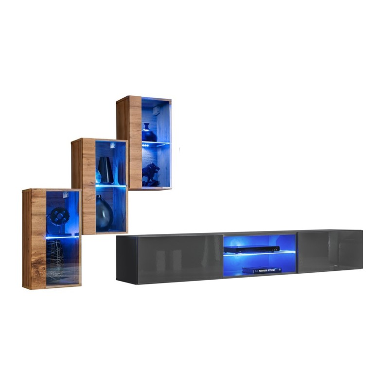 Ensemble meubles de salon SWITCH XXII design, coloris chêne et gris.