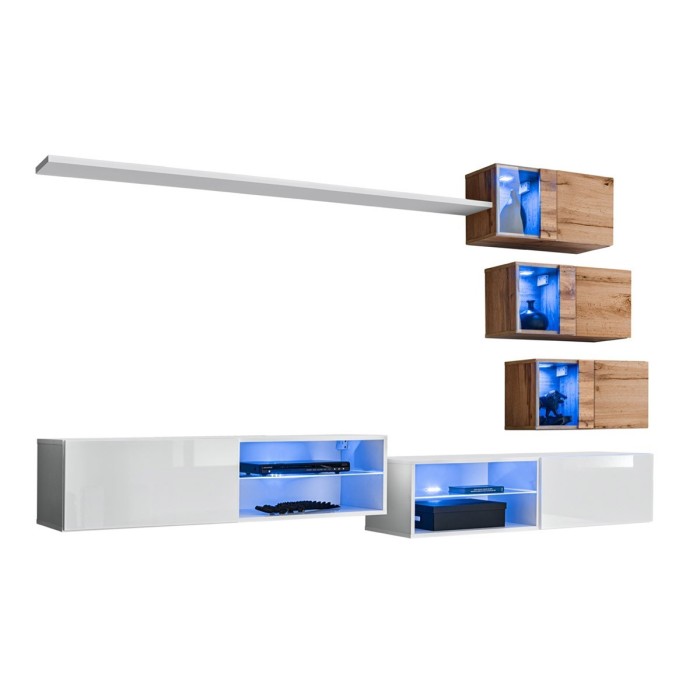 Ensemble meubles de salon SWITCH XXIV design, coloris blanc et chêne.