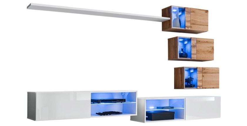 Ensemble meubles de salon SWITCH XXIV design, coloris blanc et chêne.