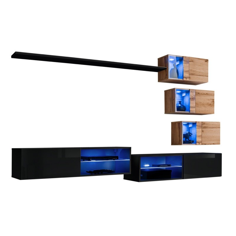 Ensemble meubles de salon SWITCH XXIV design, coloris noir et chêne.