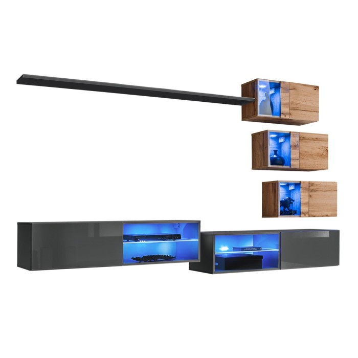 Ensemble meubles de salon SWITCH XXIV design, coloris Gris et chêne.