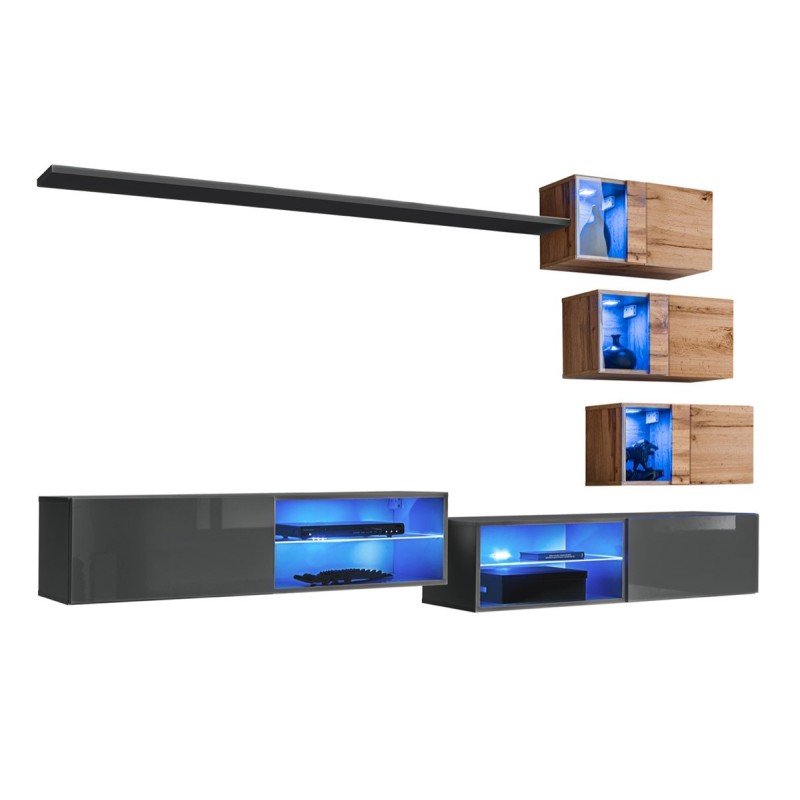 Ensemble meubles de salon SWITCH XXIV design, coloris Gris et chêne.