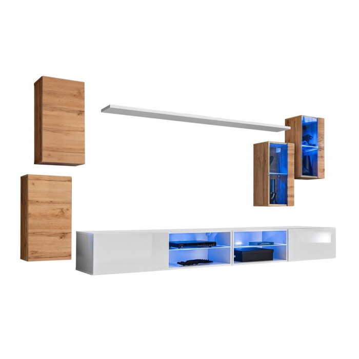 Ensemble meubles de salon SWITCH XXV design, coloris chêne et blanc.