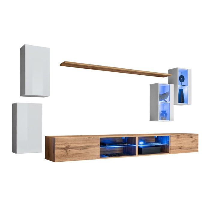 Ensemble meubles de salon SWITCH XXV design, coloris blanc et chêne.