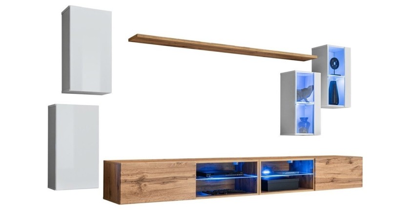 Ensemble meubles de salon SWITCH XXV design, coloris blanc et chêne.