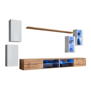 Ensemble meubles de salon SWITCH XXV design, coloris blanc et chêne.