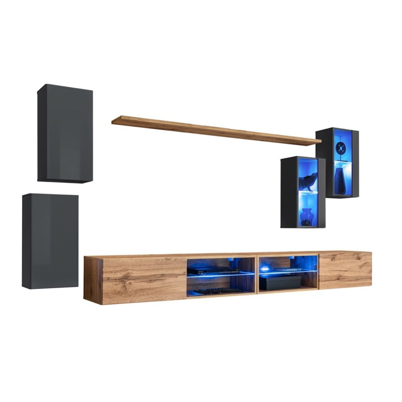 Ensemble meubles de salon SWITCH XXV design, coloris gris et chêne.