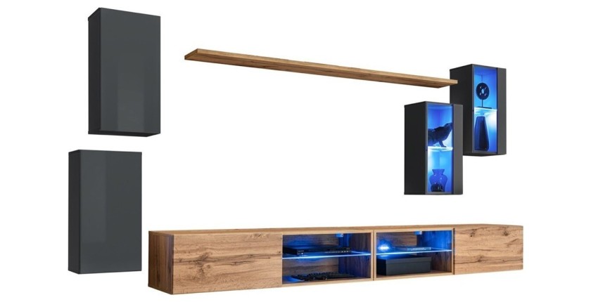 Ensemble meubles de salon SWITCH XXV design, coloris gris et chêne.