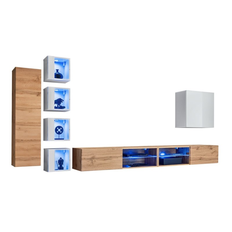 Ensemble meubles de salon SWITCH XXVI design, coloris chêne et blanc.