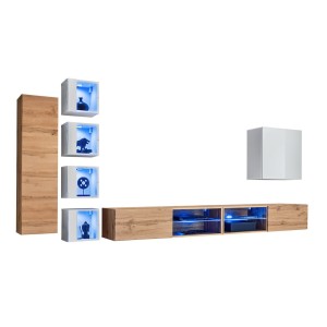 Ensemble meubles de salon SWITCH XXVI design, coloris chêne et blanc.