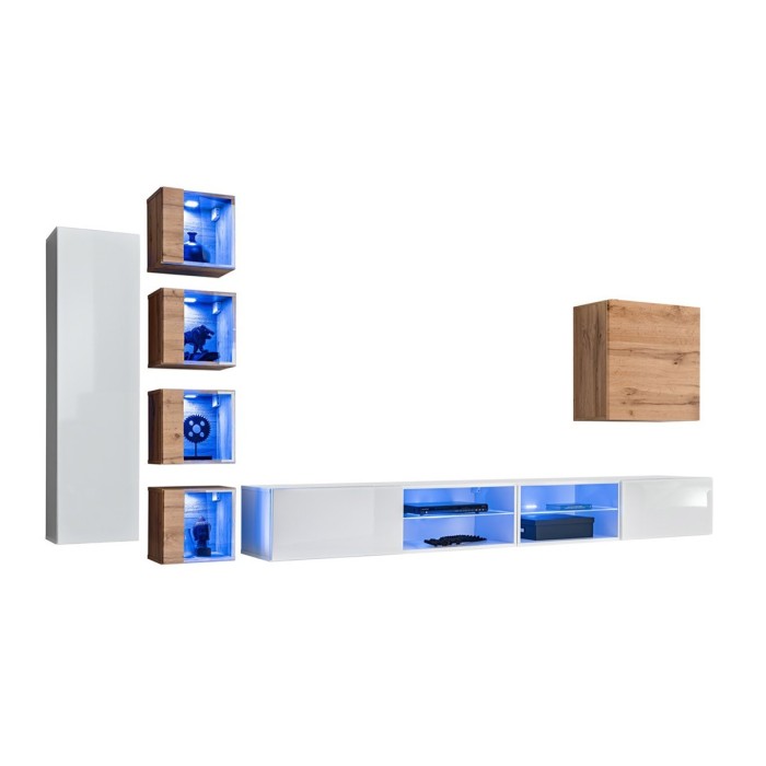 Ensemble meubles de salon SWITCH XXVI design, coloris blanc et chêne.