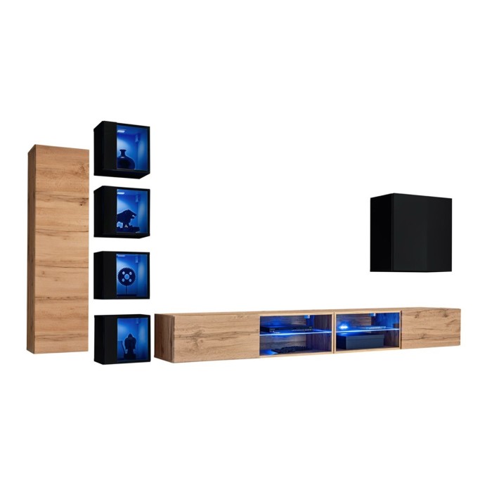 Ensemble meubles de salon SWITCH XXVI design, coloris chêne et noir.