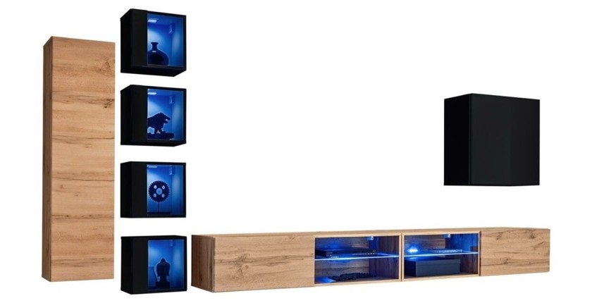 Ensemble meubles de salon SWITCH XXVI design, coloris chêne et noir.