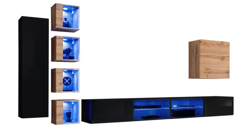 Ensemble meubles de salon SWITCH XXVI design, coloris noir et chêne.