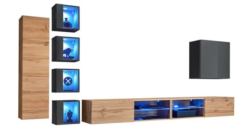 Ensemble meubles de salon SWITCH XXVI design, coloris chêne et gris.