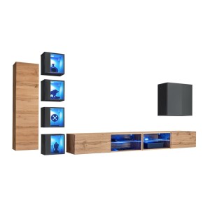 Ensemble meubles de salon SWITCH XXVI design, coloris chêne et gris.