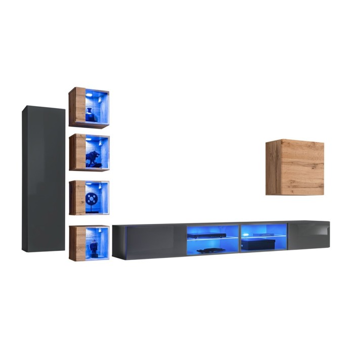 Ensemble meubles de salon SWITCH XXVI design, coloris gris et chêne.