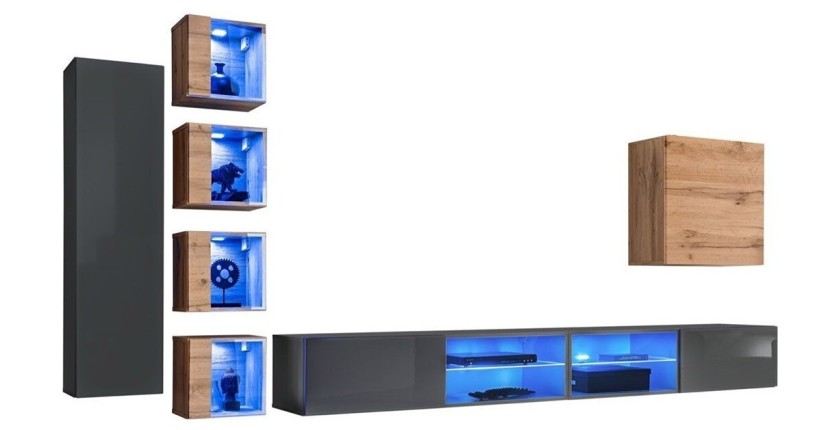 Ensemble meubles de salon SWITCH XXVI design, coloris gris et chêne.