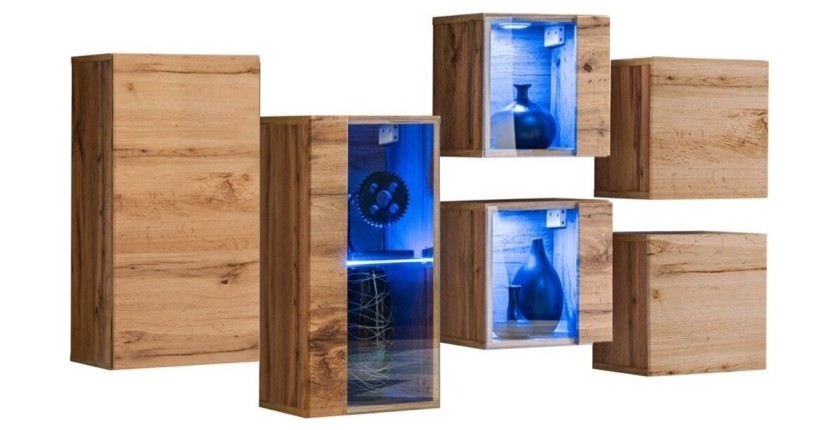 Ensemble meubles de salon SWITCH SBIV design. Coloris chêne. Système LED intégré.