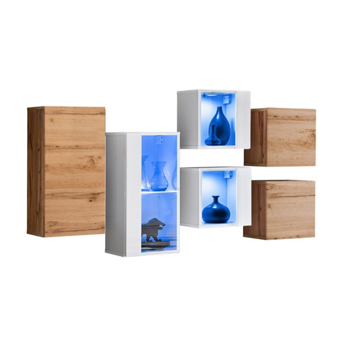 Ensemble meubles de salon SWITCH SBIV design. Coloris blanc et chêne.