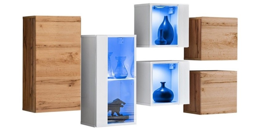 Ensemble meubles de salon SWITCH SBIV design. Coloris blanc et chêne.