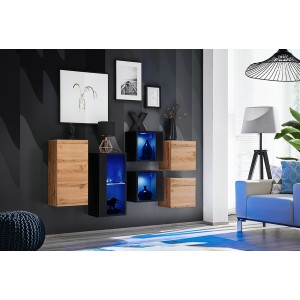 Ensemble meubles de salon SWITCH SBIV design. Coloris chêne et noir.