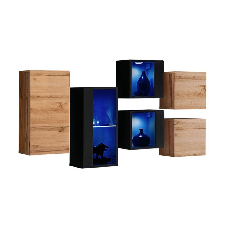 Ensemble meubles de salon SWITCH SBIV design. Coloris chêne et noir.