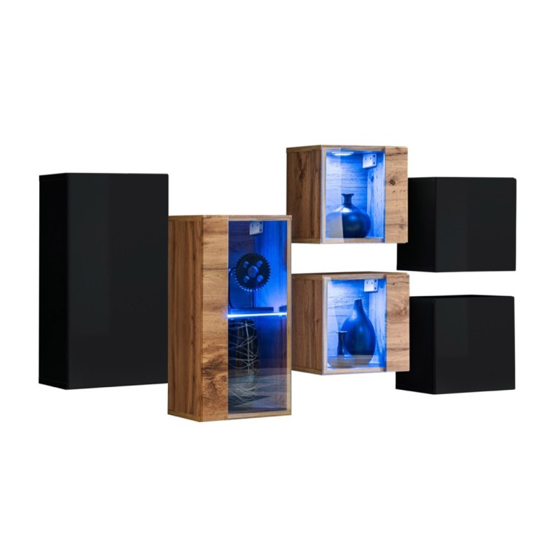 Ensemble meubles de salon SWITCH SBIV design. Coloris noir et chêne.