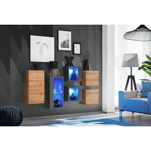 Ensemble meubles de salon SWITCH SBIV design. Coloris chêne et gris.