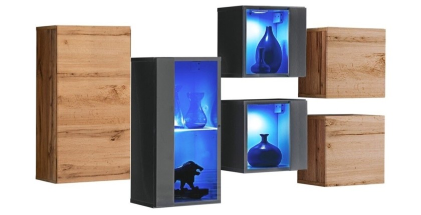 Ensemble meubles de salon SWITCH SBIV design. Coloris chêne et gris.