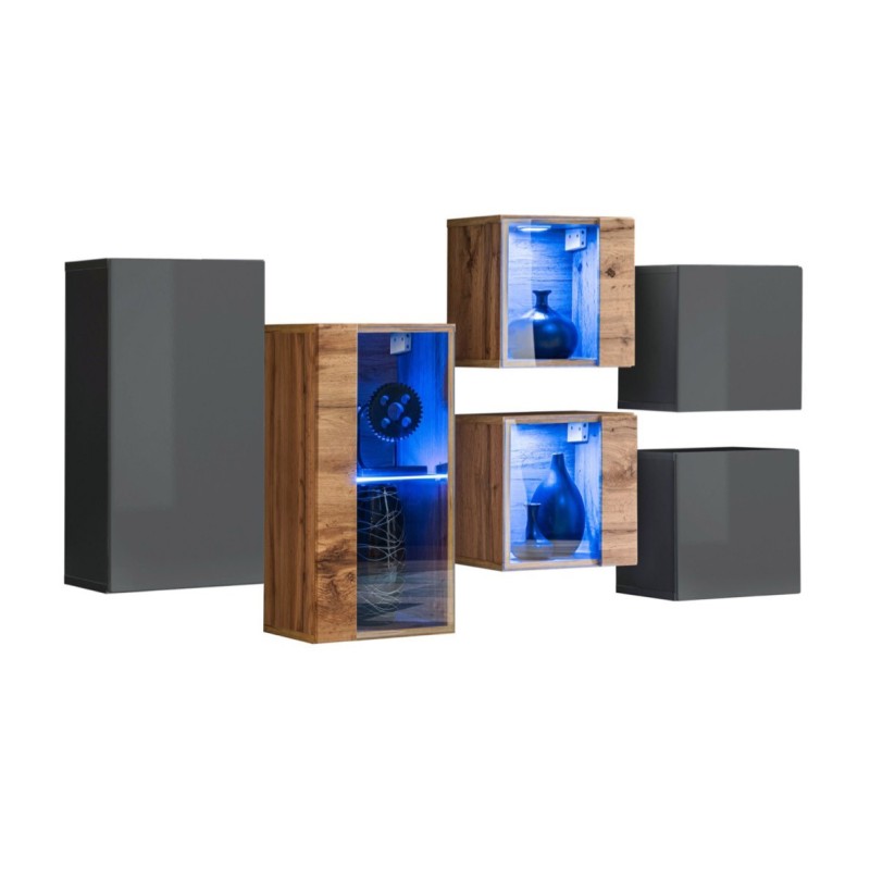 Ensemble meubles de salon SWITCH SBIV design. Coloris gris et chêne.