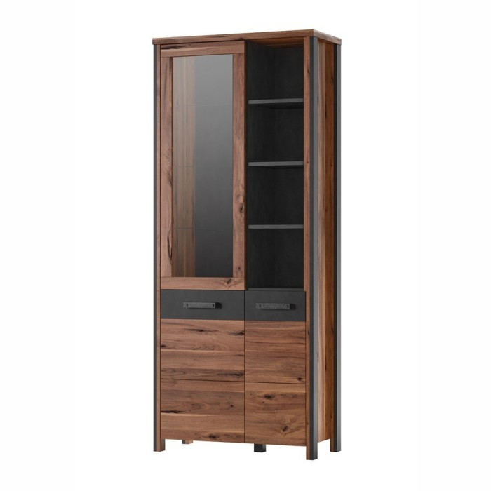 Vitrine collection WINDSOR. Coloris chêne foncé et gris anthracite.