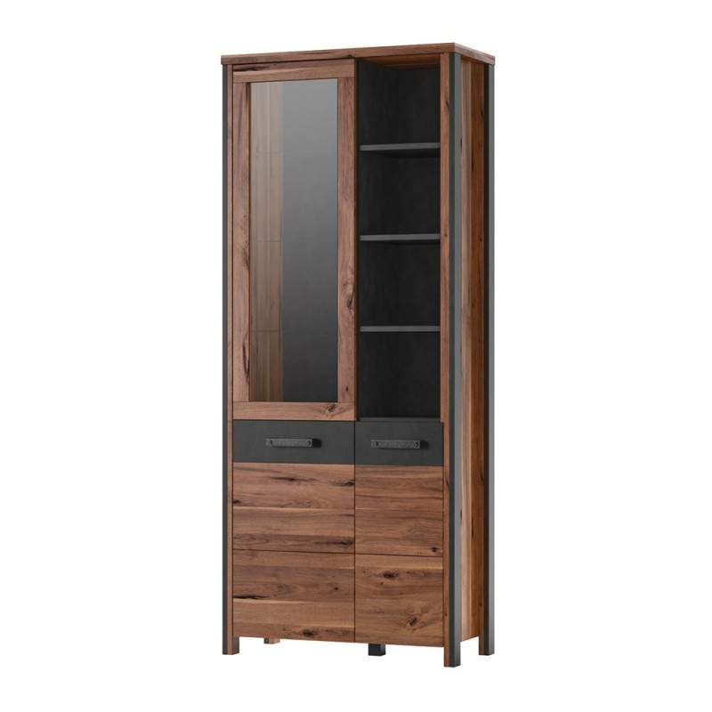 Vitrine collection WINDSOR. Coloris chêne foncé et gris anthracite.