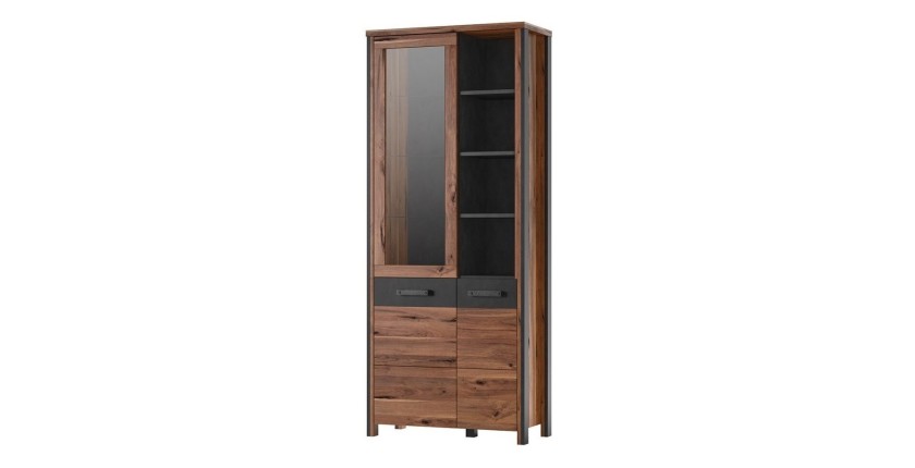 Vitrine collection WINDSOR. Coloris chêne foncé et gris anthracite.