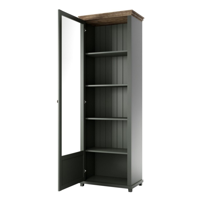 Vitrine 1 porte avec LED intégrées collection ASSIA. Coloris vert et chêne. Ouverture gauche