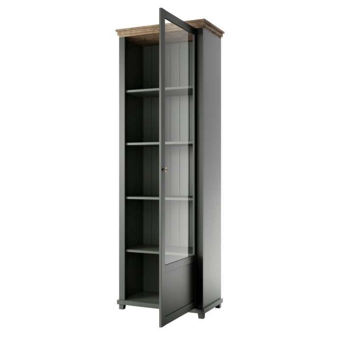 Vitrine 1 porte avec LED intégrées collection ASSIA. Coloris vert et chêne. Ouverture droite