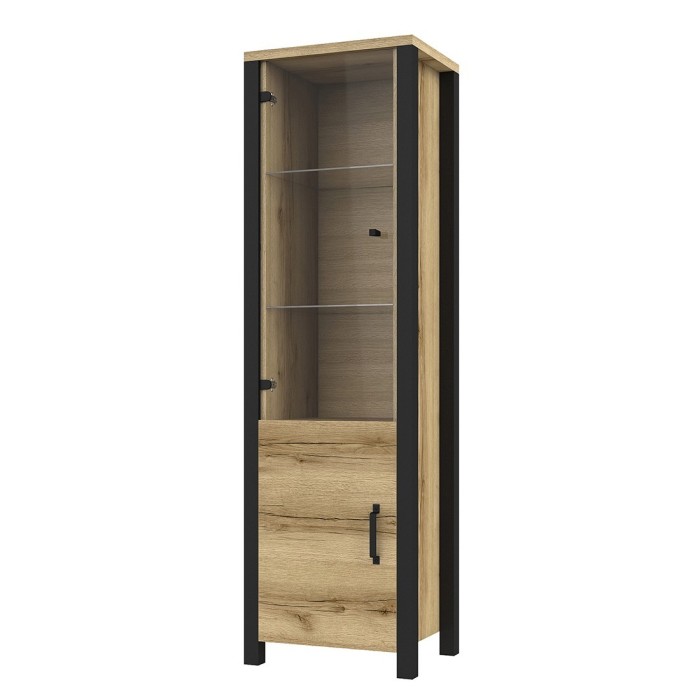 Vitrine haute design, 2 portes collection DARWIN. Couleur chêne clair et noir.