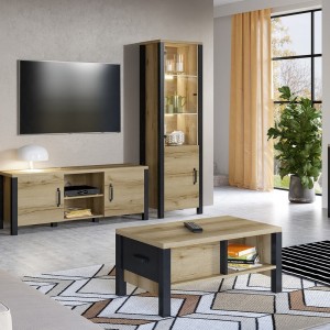 Vitrine haute design, 2 portes collection DARWIN. Couleur chêne clair et noir.