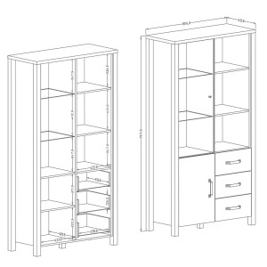 Vitrine large design collection DARWIN. Couleur chêne clair et noir. 2 portes, 3 tiroirs, 3 niches