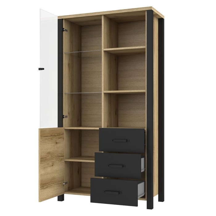 Vitrine large design collection DARWIN. Couleur chêne clair et noir. 2 portes, 3 tiroirs, 3 niches