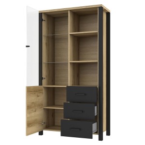 Vitrine large design collection DARWIN. Couleur chêne clair et noir. 2 portes, 3 tiroirs, 3 niches