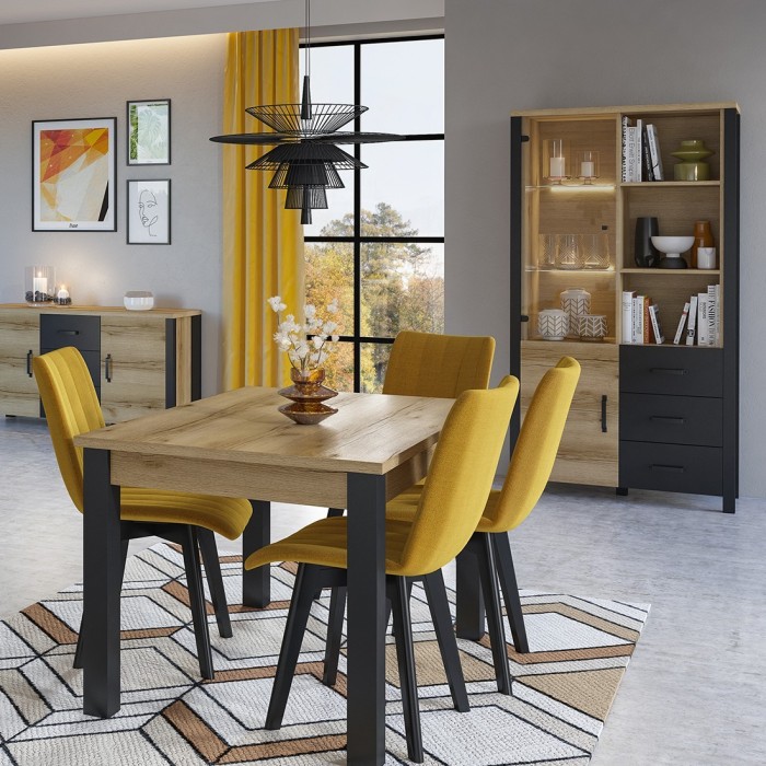 Vitrine large design collection DARWIN. Couleur chêne clair et noir. 2 portes, 3 tiroirs, 3 niches